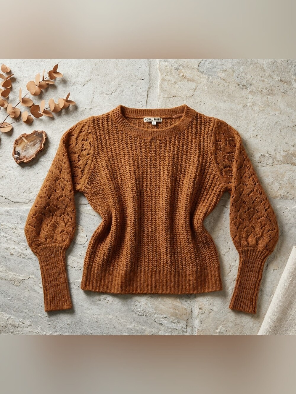 Moral Fiber Chunky Knit Balloon Sleeve Sweater Rust Brown / Cognac